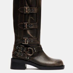 NEW Steve Madden Womens sz 7 Rocky Brown Moto Leather Boots Distressed